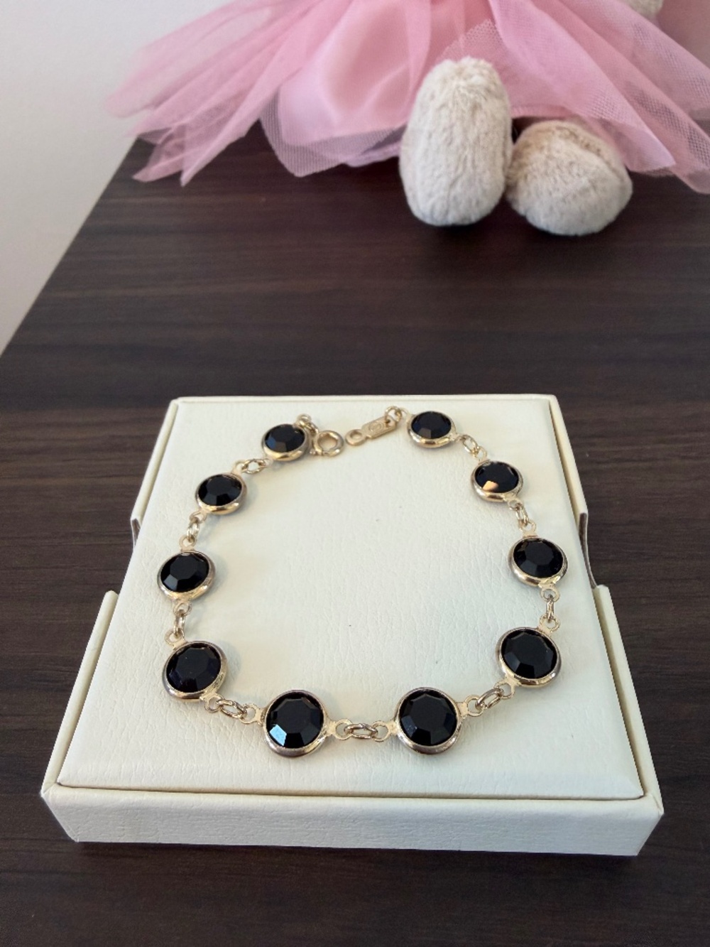 Vintage Swarovski Black Bezel Crystal Bracelet, Gold Tone 7.5-8.5"